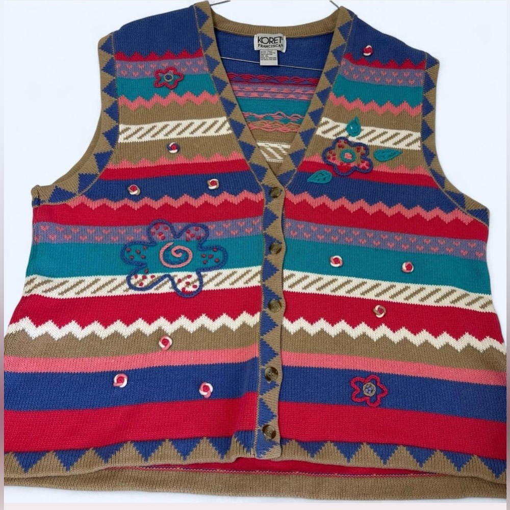 Vintage Francisca 100% Cotton Teacher Knit Sweater Vest Multicolor Embroidered